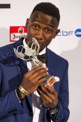 Genk s Wilfried Ndidi celebrates after winning the first edition of the Professional Soccer Player of the Year 2016 gala evening, Monday 23 May 2016, in Gent. LAURIExDIEFFEMBACQ  x04856664x