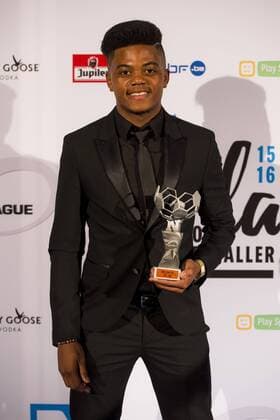 Genk s Leon Bailey celebrate after winning the first edition of the Professional Soccer Player of the Year 2016 gala evening, Monday 23 May 2016, in Gent. LAURIExDIEFFEMBACQ  x04856667x