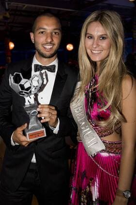 Mechelen s Sofiane Hanni and Lenty Frans celebrate after winning the first edition of the Professional Soccer Player of the Year 2016 gala evening, Monday 23 May 2016, in Gent. JASPERxJACOBS  x04856688x