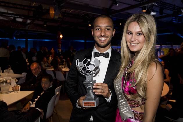 Mechelen s Sofiane Hanni and Lenty Frans celebrate after winning the first edition of the Professional Soccer Player of the Year 2016 gala evening, Monday 23 May 2016, in Gent. JASPERxJACOBS  x04856689x