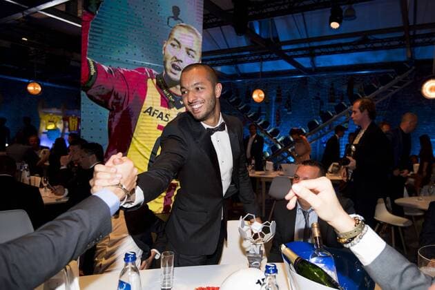 Mechelen s Sofiane Hanni celebrates after winning the first edition of the Professional Soccer Player of the Year 2016 gala evening, Monday 23 May 2016, in Gent. JASPERxJACOBS  x04856691x