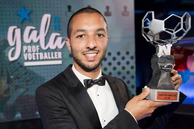 Mechelen s Sofiane Hanni celebrates after winning the first edition of the Professional Soccer Player of the Year 2016 gala evening, Monday 23 May 2016, in Gent. JASPERxJACOBS  x04856693x
