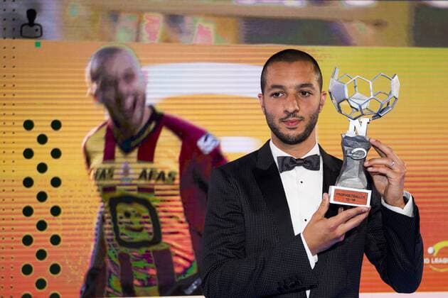 Mechelen s Sofiane Hanni celebrates after winning the first edition of the Professional Soccer Player of the Year 2016 gala evening, Monday 23 May 2016, in Gent. JASPERxJACOBS  x04856695x