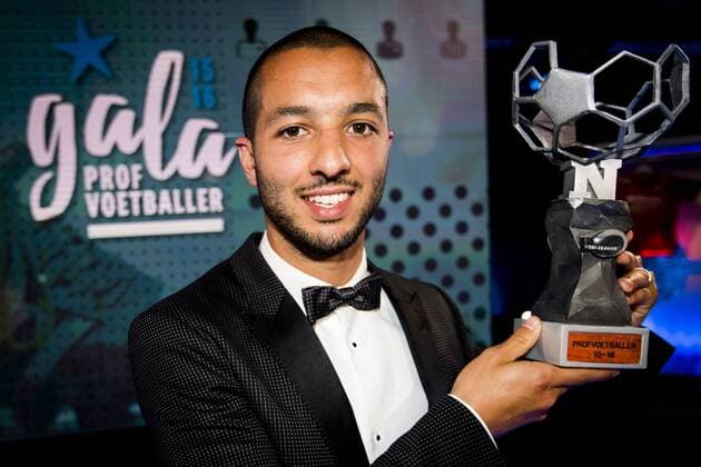 Mechelen s Sofiane Hanni celebrates after winning the first edition of the Professional Soccer Player of the Year 2016 gala evening, Monday 23 May 2016, in Gent. JASPERxJACOBS  x04856700x