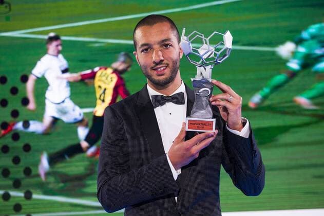Mechelen s Sofiane Hanni celebrates after the first edition of the Professional Soccer Player of the Year 2016 gala evening, Monday 23 May 2016, in Gent. LAURIExDIEFFEMBACQ  x04856702x