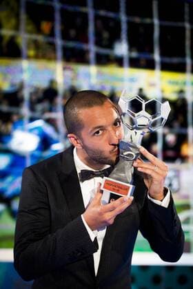 Mechelen s Sofiane Hanni celebrates after winning the first edition of the Professional Soccer Player of the Year 2016 gala evening, Monday 23 May 2016, in Gent. JASPERxJACOBS  x04856703x