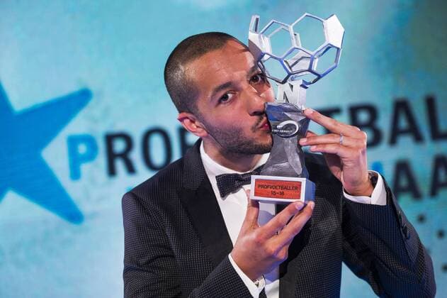 Mechelen s Sofiane Hanni celebrates after the first edition of the Professional Soccer Player of the Year 2016 gala evening, Monday 23 May 2016, in Gent. LAURIExDIEFFEMBACQ  x04856701x