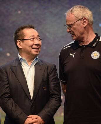 May 18, 2016 - Bangkok, Thailand - This picture taken on May 18, 2019 shows Leicester s owner Vichai Srivaddhanaprabha talks with Leicester s coach Claudio Ranieri during the press conference PK Pressekonferenz at King Power in Bangkok, Thailand. Leicester City Trophy Tour in Thailand  - ZUMAn230