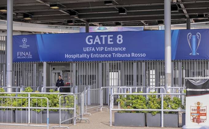 Italy: Giuseppe Meazza stadium - Champion League Gate 8 entrance. Giuseppe Meazza stadium (also known as San Siro) will host the Champions League final between Real Madrid Cub de Futbol and Club Atletico De Madrid.  NicolòxCampo