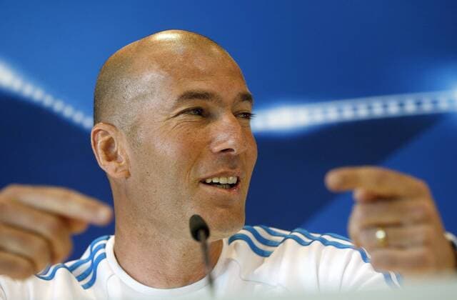 Fußball, CL Finale, Real Madrid PK Head coach of Real Madrid, French Zinedine Zidane, holds a press conference PK Pressekonferenz at the Santiago Bernabeu stadium in Madrid, Spain, 24 May 2014. Real Madrid will face Atletico Madrid in the UEFA Champions League final at the San Siro stadium in Milano, Italy, on 28 May. Real Madrid press conference !ACHTUNG: NUR REDAKTIONELLE NUTZUNG!  20160524-635996847768421128
