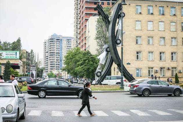 Baku: A silver car advertises A silver car advertises the first Baku Grand Prix.  AzizxKarimov