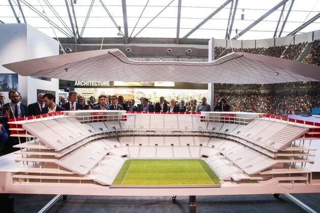EURO 2020, Modell-Präsentation Eurostadium in Brüssel Illustration picture shows a maquette of the Eurostadium stadium, Wednesday 25 May 2016 in Brussels. The Eurostadium is a proposed soccer stadium which would host games of the Belgian national team Nationalteam and possibly the opening match of the 2020 European Championships. THIERRYxROGE  x04858440x