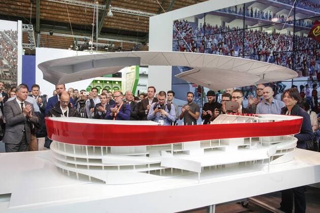 EURO 2020, Modell-Präsentation Eurostadium in Brüssel Illustration picture shows a maquette of the Eurostadium stadium, Wednesday 25 May 2016 in Brussels. The Eurostadium is a proposed soccer stadium which would host games of the Belgian national team Nationalteam and possibly the opening match of the 2020 European Championships. THIERRYxROGE  x04858460x