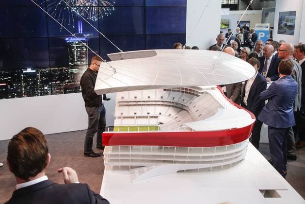 EURO 2020, Modell-Präsentation Eurostadium in Brüssel Illustration picture shows a maquette of the Eurostadium stadium, Wednesday 25 May 2016 in Brussels. The Eurostadium is a proposed soccer stadium which would host games of the Belgian national team Nationalteam and possibly the opening match of the 2020 European Championships. THIERRYxROGE  x04858459x