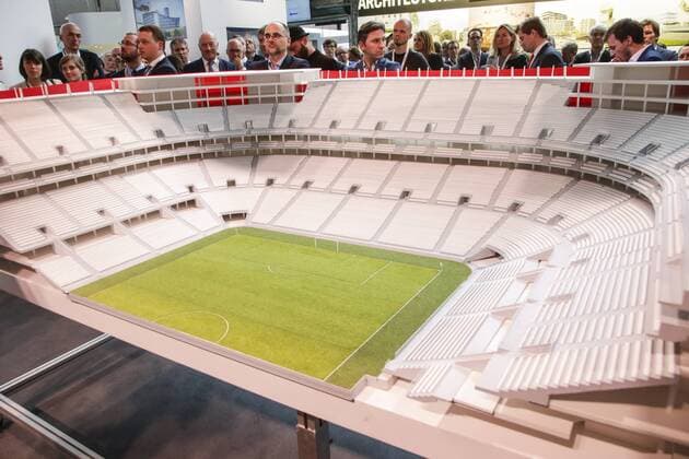 EURO 2020, Modell-Präsentation Eurostadium in Brüssel Illustration picture shows a maquette of the Eurostadium stadium, Wednesday 25 May 2016 in Brussels. The Eurostadium is a proposed soccer stadium which would host games of the Belgian national team Nationalteam and possibly the opening match of the 2020 European Championships. THIERRYxROGE  x04858457x
