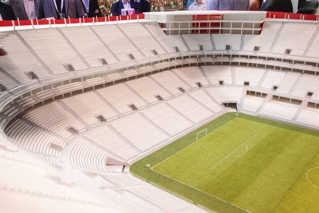 EURO 2020, Modell-Präsentation Eurostadium in Brüssel Illustration picture shows a maquette of the Eurostadium stadium, Wednesday 25 May 2016 in Brussels. The Eurostadium is a proposed soccer stadium which would host games of the Belgian national team Nationalteam and possibly the opening match of the 2020 European Championships. THIERRYxROGE  x04858456x