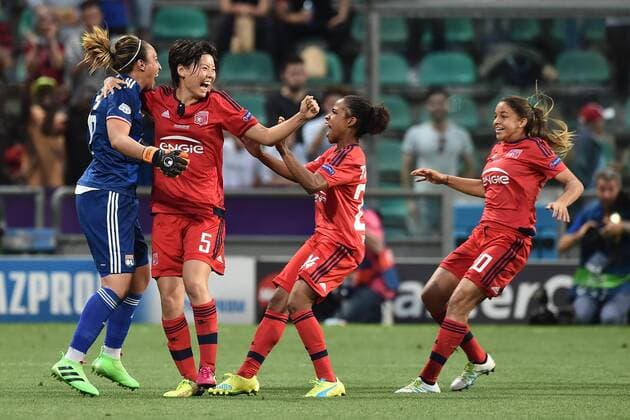 Sarah Bouhaddi Saki Kumagai Celebration Lyon . Olympique Lyonnaise wins the cup after penalties Reggio Emilia 26-05-2016 VFL Wolfsburg - Olympique Lyon Women s Champions League Final . andreaxstaccioli