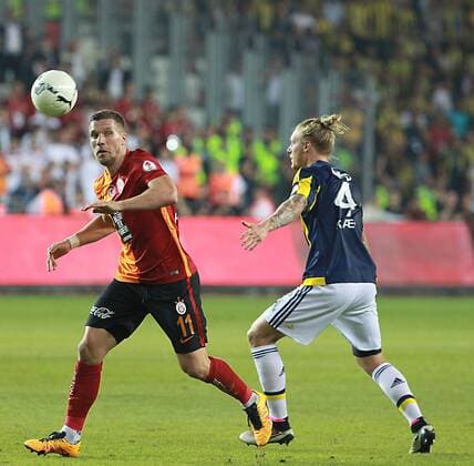 Ziraat Turkish Cup Final match between Fenerbahce and Galatasaray at Antalya Arena in Antalya , Turkey on May 26 , 2016. Final Score: Glatasaray 1 - Fenerbahce 0 Pictured: Lukas Podolski of Galatasaray and Simon Kjaer of Fenerbahce. 
