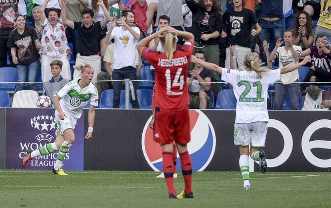 Italy: Woman s Champions League Final: Vfl Wolfsburg - Olympique Lyonnais Alexandra Popp (left) celebrates while Ada Hegerberg is disappointed during Uefa Woman s Champions League Final, Wolfsburg-Lyon. Final result 1-1, Olympique Lyonnais wins after penalty.  NicolòxCampo