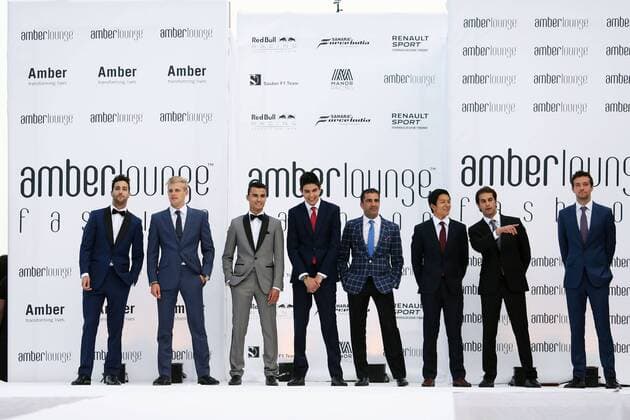 Monaco Grand Prix, Monte Carlo 25 - 29 May 2016 (L to R): Daniel Ricciardo (AUS) Red Bull Racing; Marcus Ericsson (SWE) Sauber F1 Team; Pascal Wehrlein (GER) Manor Racing; Esteban Ocon (FRA) Renault F1 Team Test Driver; Marc Gene (ESP) Ferrari Test Driver; Rio Haryanto (IDN) Manor Racing; Felipe Nasr (BRA) Sauber F1 Team; and Jolyon Palmer (GBR) Renault Sport F1 Team, at the Amber Lounge Fashion Show. 27.05.2016. 