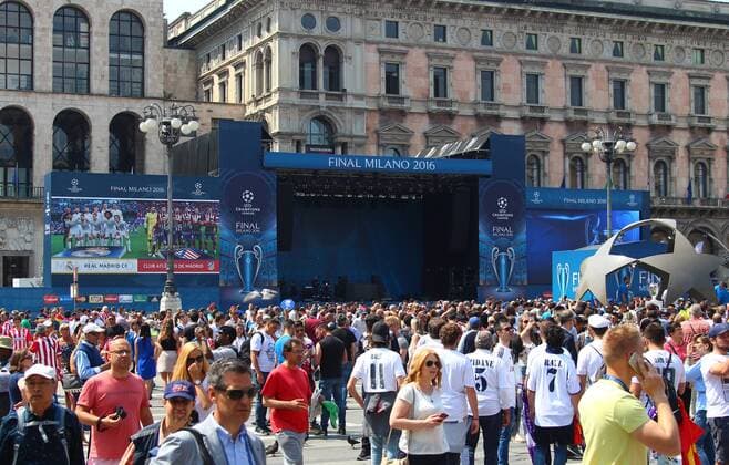 SOCCER - CL final, Madrid vs Atletico MILANO,ITALY,28.MAY.16 - SOCCER - UEFA Champions League, final, Real Madrid CF vs Atletico Madrid. Image shows fans and a stage. GEPAxpictures xCh.xKelemen