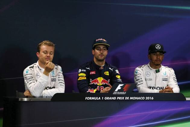 Monaco Grand Prix, Monte Carlo 25 - 29 May 2016 28.05.2016 - Qualifying, press conference PK Pressekonferenz Nico Rosberg (GER) Mercedes AMG F1 W07 Hybrid, Daniel Ricciardo (AUS) Red Bull Racing RB12 and Lewis Hamilton (GBR) Mercedes AMG F1 W07 Hybrid 