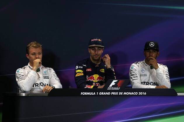 Monaco Grand Prix, Monte Carlo 25 - 29 May 2016 28.05.2016 - Qualifying, press conference PK Pressekonferenz Nico Rosberg (GER) Mercedes AMG F1 W07 Hybrid, Daniel Ricciardo (AUS) Red Bull Racing RB12 and Lewis Hamilton (GBR) Mercedes AMG F1 W07 Hybrid 