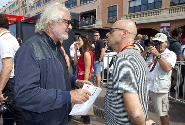 Monaco, Monte Carlo - May 28, 2016: FIA Formula One World Championship WM Weltmeisterschaft with Flavio Briatore and Guy Laliberte (Cirque du Soleil) Monaco F1 Grand Prix
