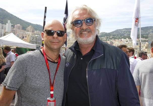 Monaco, Monte Carlo - May 28, 2016: FIA Formula One World Championship WM Weltmeisterschaft with Flavio Briatore and Guy Laliberte (Cirque du Soleil) Monaco F1 Grand Prix