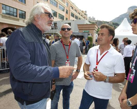 Monaco, Monte Carlo - May 28, 2016: FIA Formula One World Championship WM Weltmeisterschaft with Flavio Briatore, Guy Laliberte (Cirque du Soleil) and Jean Alesi Monaco F1 Grand Prix