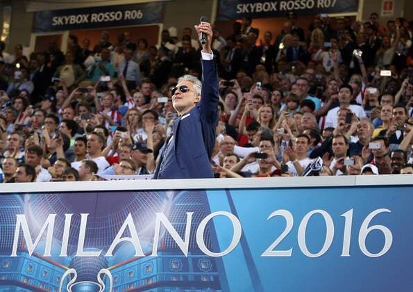 28.05.2016. Milan, Italy. UEFA Champions League Final between Real Madrid and Atletico de Madrid at the San Siro stadium in Milan, Italy. Andrea Bocelli singing Champions League anthem before the match xPaoloxNuccix  ActionPlus11742769