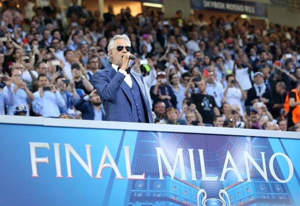 Opera singer Andrea Bocelli sings pre match during the UEFA Champions League Final match at the Giuseppe Meazza Stadium, Milan, Italy. Photo credit should read: David Klein Sportimage EDITORIAL USE ONLY. No use with unauthorised audio, video, data, fixture lists, club league logos or live services. Online in-match use limited to 120 images, no video emulation. No use in betting, games or single club league player publications.