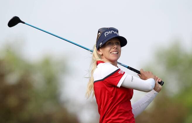 May 28, 2016 - Ann Arbor, Michigan, USA - Pernilla Lindberg of Bolas, Sweden tees off on the second tee during the third round of the inaugural LPGA Golf Damen Volvik Championship at Travis Pointe Country Club in Ann Arbor, MI, USA Saturday, May 28, 2016. LPGA Volvik Championship - Round Three  - ZUMAn230
