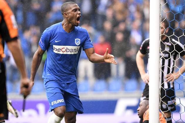 Genk s Christian Kabasele celebrates during the Jupiler Pro League match between RC Genk and Charleroi, in Genk, on Sunday 29 May 2016, return leg match for European barrage in the Belgian soccer championship. YORICKxJANSENS  x04861088x