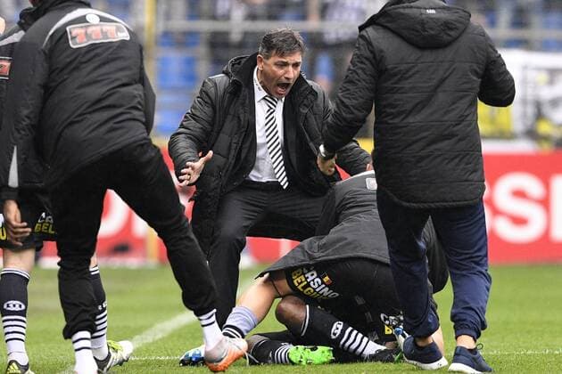 Charleroi s head coach Felice Mazzu celebrates during the Jupiler Pro League match between RC Genk and Charleroi, in Genk, on Sunday 29 May 2016, return leg match for European barrage in the Belgian soccer championship. YORICKxJANSENS  x04861126x