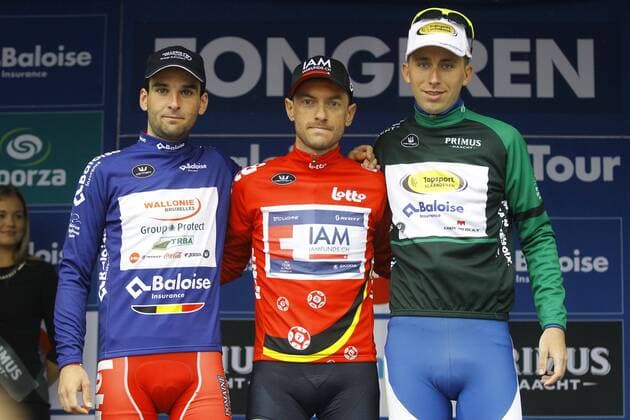 Baptiste Planckaert of WALLONIE BRUXELLES - GROUP PROTECT winner of the points classification, DEVENYNS Dries (BEL) Rider of IAM CYCLING winner of the general classification and Amaury Capiot of TOPSPORT VLAANDEREN - BALOISE winner of the combative price pictured during stage 5 of the 2016 Baloise Belgium Tour cycling race with start in Tremelo and finish in Tongeren in Tongeren, Belgium. CYCLISME : 2016 Baloise - Tour de Belgique - Tremelo Tongeren- Etape 5 - 29 05 2016 PhotoNews Panoramic 