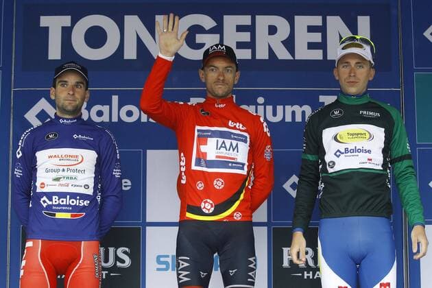 Baptiste Planckaert of WALLONIE BRUXELLES - GROUP PROTECT winner of the points classification, DEVENYNS Dries (BEL) Rider of IAM CYCLING winner of the general classification and Amaury Capiot of TOPSPORT VLAANDEREN - BALOISE winner of the combative price pictured during stage 5 of the 2016 Baloise Belgium Tour cycling race with start in Tremelo and finish in Tongeren in Tongeren, Belgium. CYCLISME : 2016 Baloise - Tour de Belgique - Tremelo Tongeren- Etape 5 - 29 05 2016 PhotoNews Panoramic 