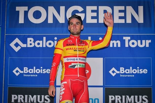 Belgian Baptiste Planckert celebrates on the podium after the final stage of the Baloise Belgium Tour cycling race, 174,2km from Tremelo to Tongeren, on Sunday 29 May 2016. DAVIDxSTOCKMAN  x04861228x