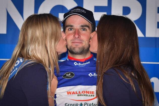 Belgian Baptiste Planckaert celebrates on the podium after the final stage of the Baloise Belgium Tour cycling race, 174,2km from Tremelo to Tongeren, on Sunday 29 May 2016. DAVIDxSTOCKMAN  x04861229x