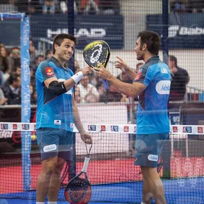 Brazilian player Pablo Lima (R) and his teammate Argentinian Fernando Belasteguin (L) face Argentinian Daniel Gutierrez (unseen) and his teammate Francisco Navarro (unseen) in the World Padel Tour Madrid Open s men final match in Las Rozas, outside Madrid, Spain, 29 May 2016. The team Lima-Belasteguin won the match by 6-1 and 6-2. World Padel Tour Madrid Open !ACHTUNG: NUR REDAKTIONELLE NUTZUNG!  20160529-636001384494634606