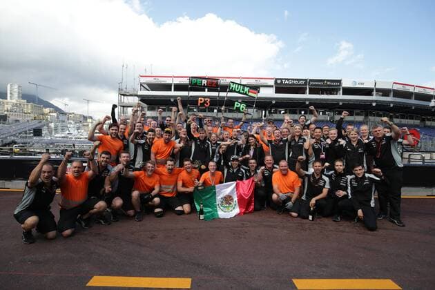 Formel 1, Lewis Hamilton gewinnt GP von Monaco Monaco Grand Prix, Monte Carlo 25 - 29 May 2016 29.05.2016 - Race, Celebration, 3rd position Sergio Perez (MEX) Sahara Force India F1 VJM09 