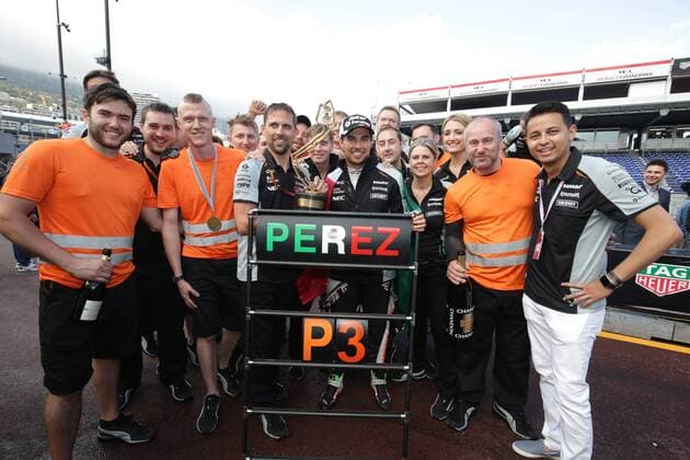 Formel 1, Lewis Hamilton gewinnt GP von Monaco Monaco Grand Prix, Monte Carlo 25 - 29 May 2016 29.05.2016 - Race, Celebration, 3rd position Sergio Perez (MEX) Sahara Force India F1 VJM09 
