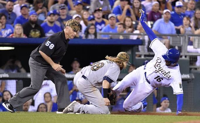 May 30, 2016 - Kansas City, MO, USA - Kansas City Royals Paulo Orlando is tagged out at third by Tampa Bay Rays shortstop Taylor Motter trying to advance on a ground out by Cheslor Cuthbert during the seventh inning on Monday, May 30, 2016, at Kauffman Stadium in Kansas City, Mo. Tampa Bay Rays at Kansas City Royals - ZUMAm67_