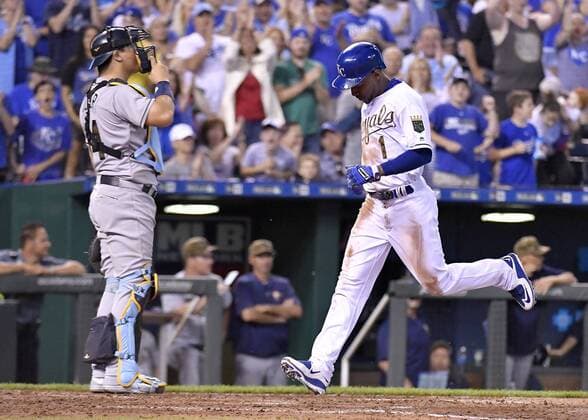 May 30, 2016 - Kansas City, MO, USA - Kansas City Royals Jarrod Dyson scores in front of Tampa Bay Rays catcher Hank Conger on a throwing error by Conger to third during the fifth inning on Monday, May 30, 2016, at Kauffman Stadium in Kansas City, Mo. Tampa Bay Rays at Kansas City Royals - ZUMAm67_