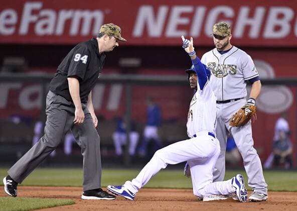 May 30, 2016 - Kansas City, MO, USA - Kansas City Royals Jarrod Dyson stretches a hit into a double in front of Tampa Bay Rays Steve Pearce during the fifth inning on Monday, May 30, 2016, at Kauffman Stadium in Kansas City, Mo. Tampa Bay Rays at Kansas City Royals - ZUMAm67_