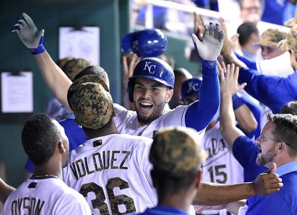 May 30, 2016 - Kansas City, MO, USA - Kansas City Royals Eric Hosmer is congratulated after hitting a three-run home run during the eighth inning on Monday, May 30, 2016, at Kauffman Stadium in Kansas City, Mo. Tampa Bay Rays at Kansas City Royals - ZUMAm67_