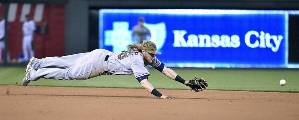 May 30, 2016 - Kansas City, MO, USA - Tampa Bay Rays shortstop Taylor Motter couldn t reach a single by Kansas City Royals Whit Merrifield that advanced Alcides Escobar to third during the eighth inning on Monday, May 30, 2016, at Kauffman Stadium in Kansas City, Mo. Tampa Bay Rays at Kansas City Royals - ZUMAm67_