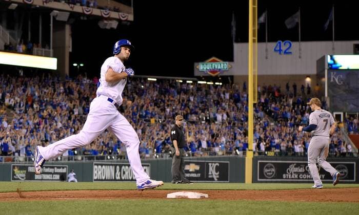 May 30, 2016 - Kansas City, MO, USA - Kansas City Royals Eric Hosmer celebrates his three-run home run as he runs past first base during the eighth inning on Monday, May 30, 2016, at Kauffman Stadium in Kansas City, Mo. Tampa Bay Rays at Kansas City Royals - ZUMAm67_