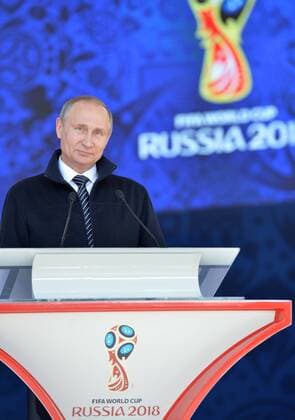MOSCOW, RUSSIA - JUNE 1, 2016: Russia s president Vladimir Putin at a ceremony in Green Theatre in VDNKh marking the start of the 2018 FIFA World Cup WM Weltmeisterschaft Fussball Volunteer Programme. Alexei Druzhinin Russian Presidential Press and Information Office TASS  71383104