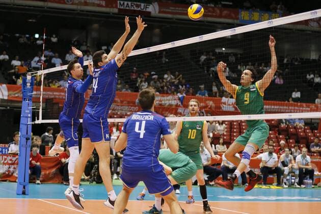 (L-R) Tillie Kevin, Le Goff Nicolas (FRA), Bell Benjamin, Staples Max (AUS), JUNE 1, 2016 - Volleyball : Men s Volleyball World Final Qualification for the Rio de Janeiro Olympics 2016 match between France 3-1 Australia at Tokyo Metropolitan Gymnasium, Tokyo, Japan. Noxthirdxpartyxsales  (qdwa047867)